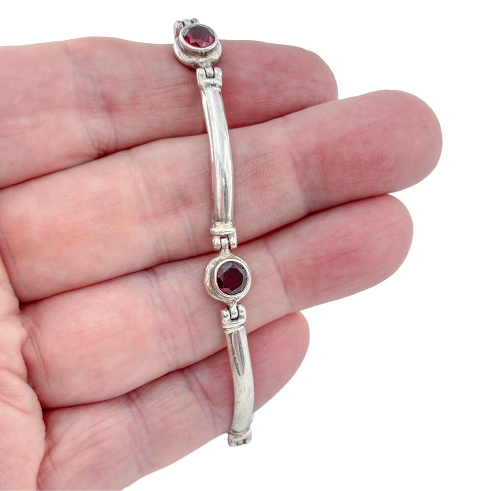 Vintage Sterling Silver 925 Garnet Link Bracelet 6.75"